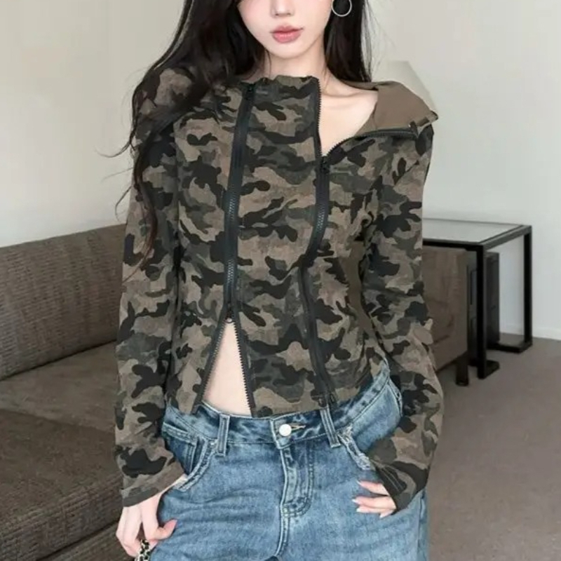 Women'S Fashion Zip Up Hoodies - Femmes camouflage sweat à capuche zippé